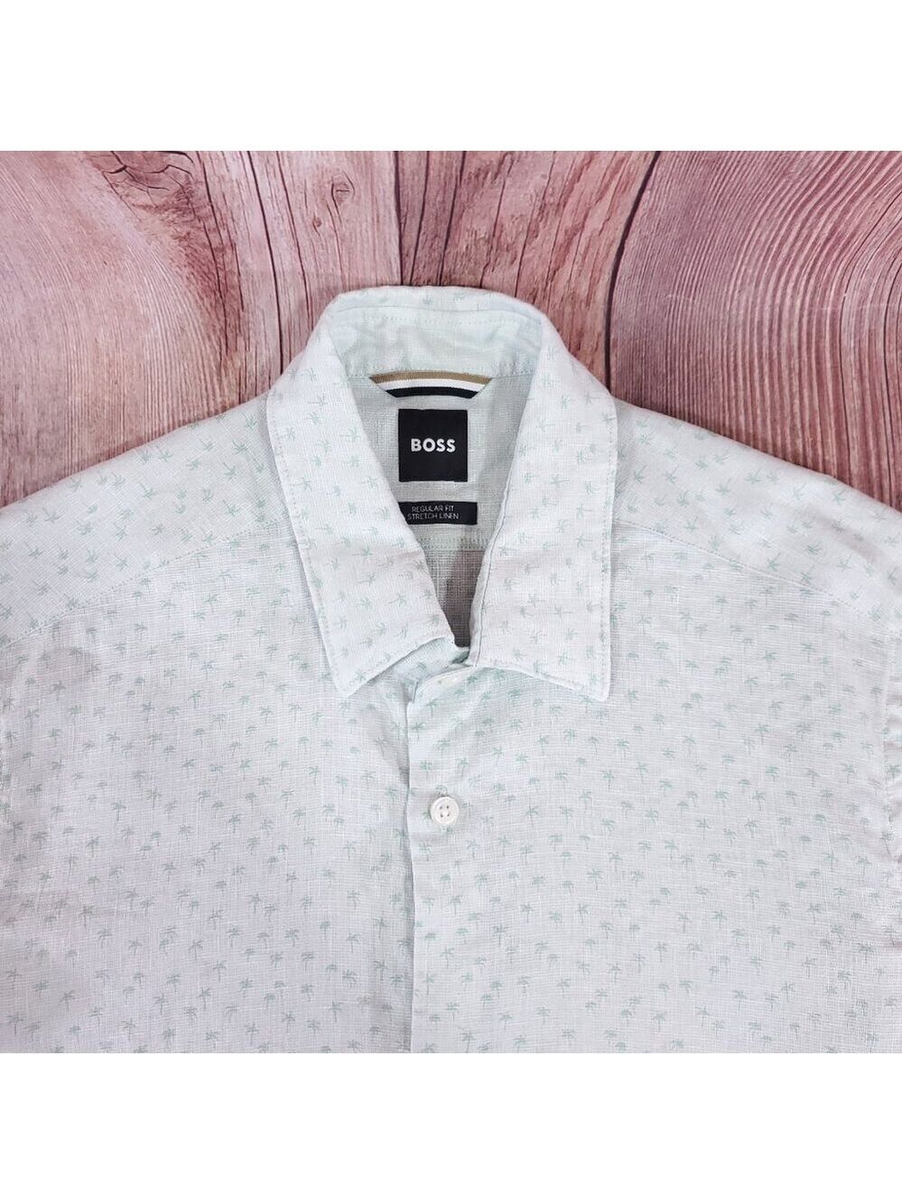 Hugo Boss Lukka Shirt Mens Medium Regular Fit Stretch Linen Blend Palm Tree Mint